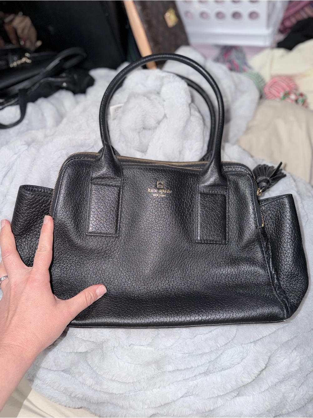Kate Spade New York Black Pebbled Leather Satchel Large Tote Purse EUC